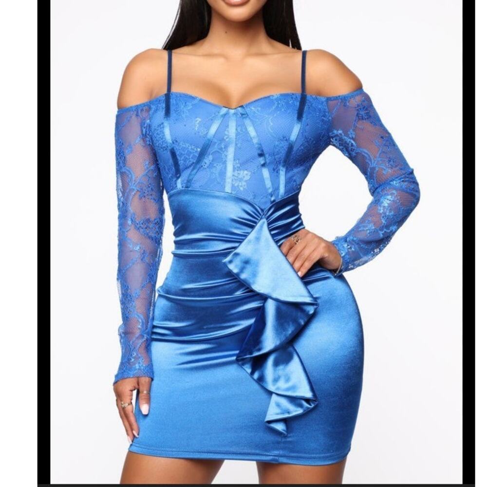 Fashion Nova Blue Satin & Lace Mini Dress